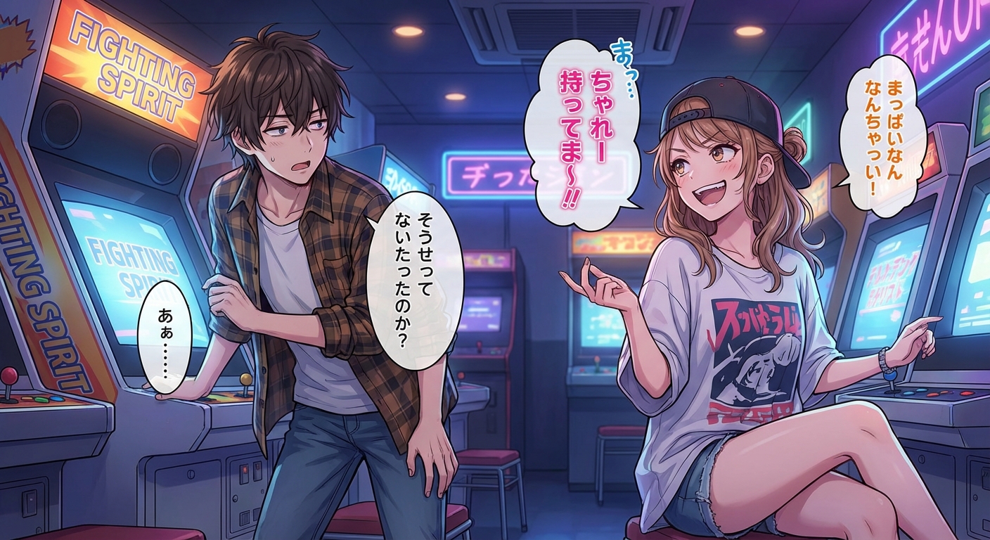 第1章：ゲーセンの対戦台越しに、主人公と結衣が初めて顔を合わせ、結衣が白い歯を見せて笑う出会いのシーン。