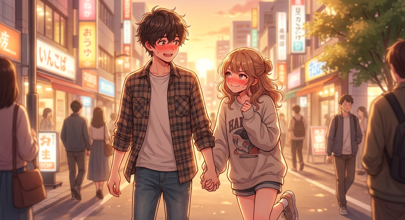 第7章：夕暮れの街角で、恋人同士となった二人が照れながらも初めてしっかりと手を繋いで歩くエピローグのシーン。